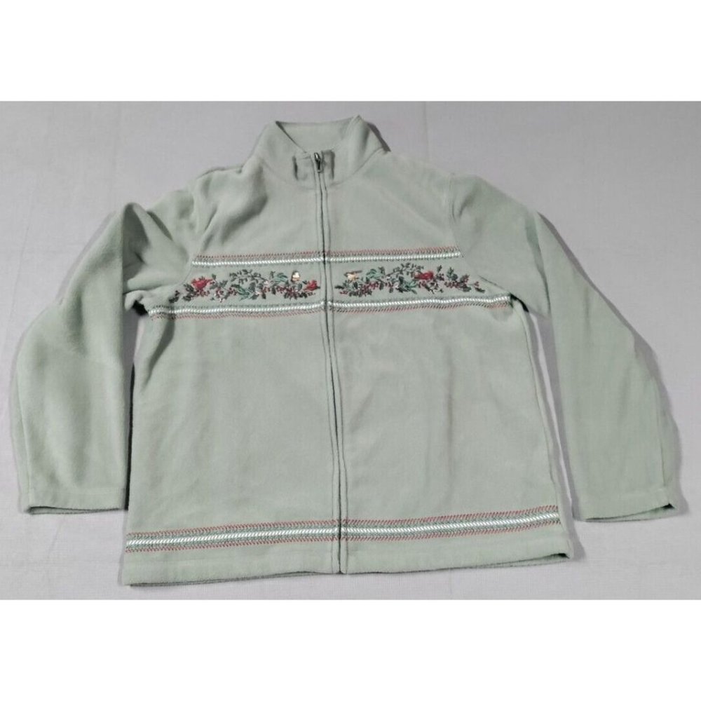 Croft and Barrow Green Fleece Cardinals BirdsTrees Holly Zip Up Fleece Jacket